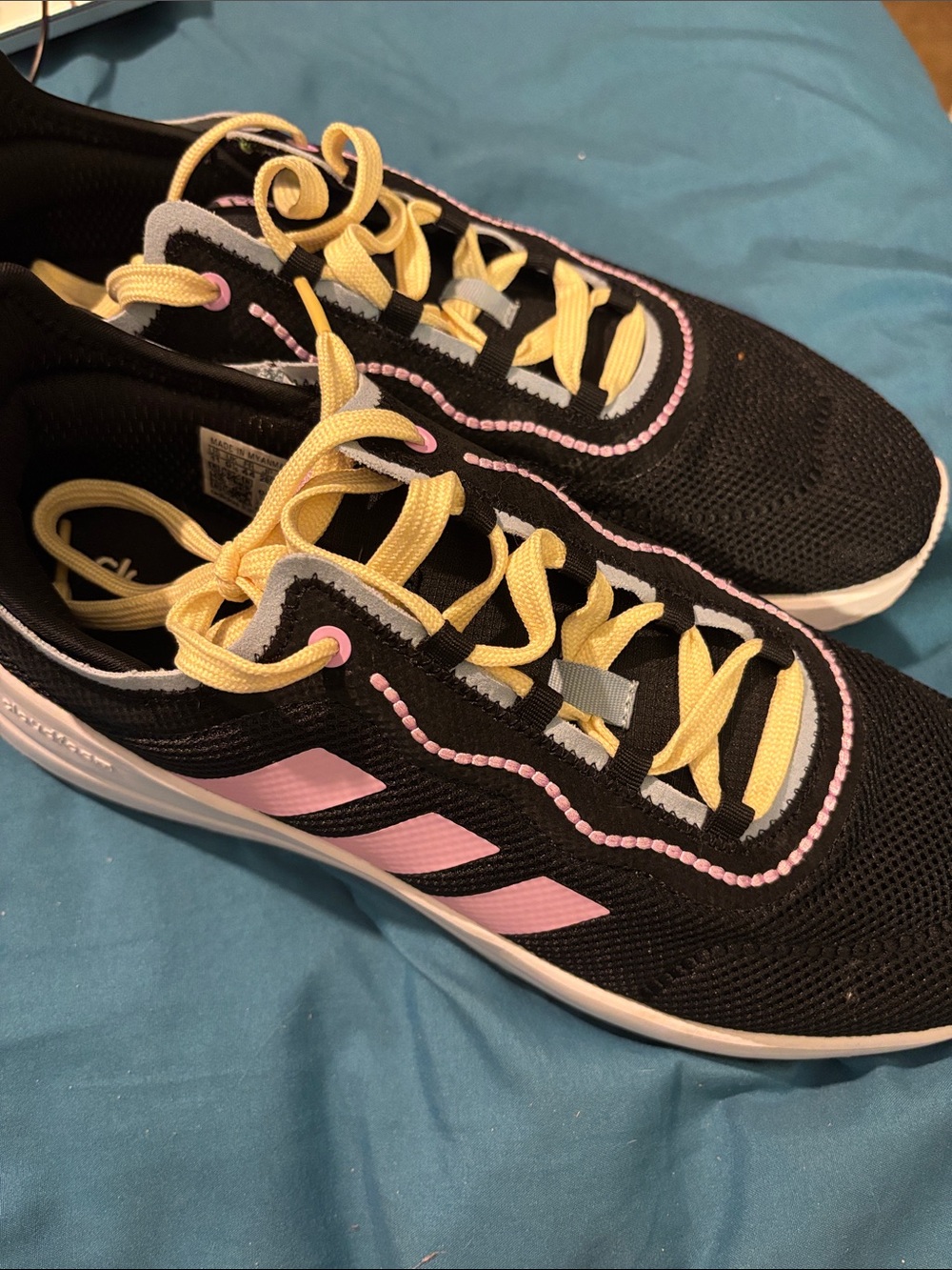 Adidas Women's Black Sneakers with Pink Accents and Yellow Laces size 11
